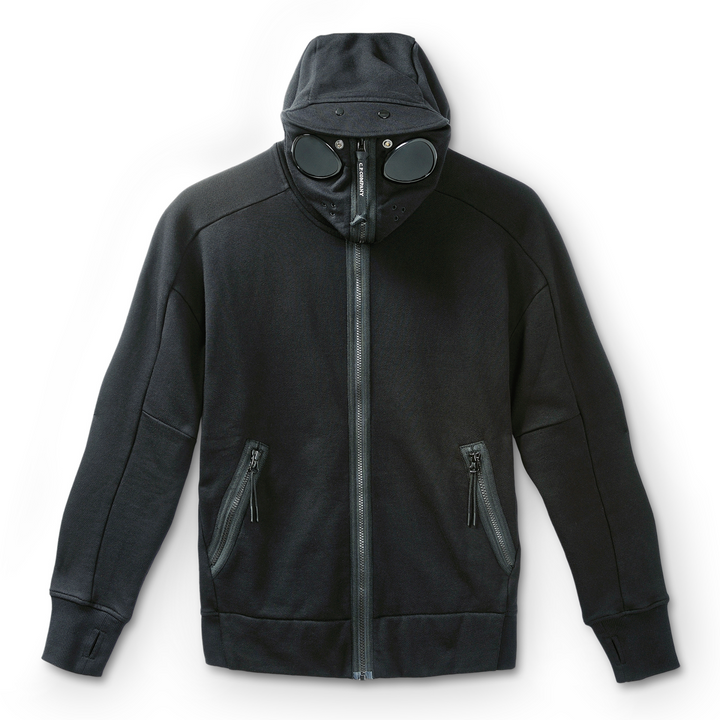 C.P. Company Men's Diagonal Raised Fleece Goggle Zipped Hoodie Black