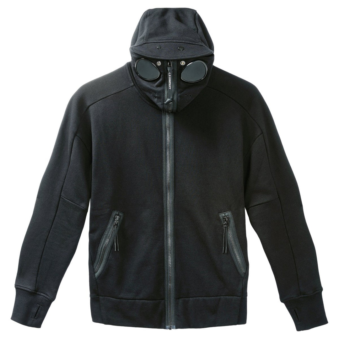 C.P. Company Men's Diagonal Raised Fleece Goggle Zipped Hoodie Black - 10059366 - West NYC